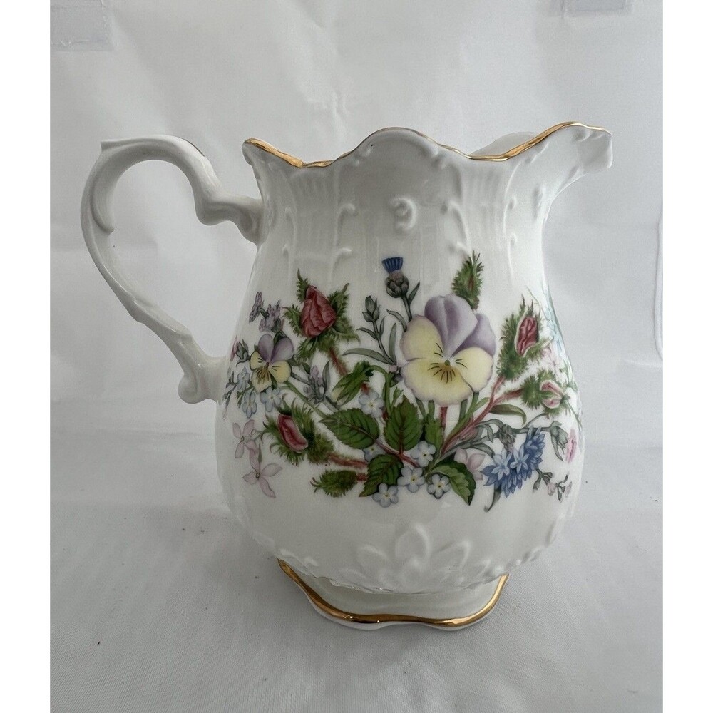 Aynsley 4'' Milk Jug Wild Tudor Fine Bone China Floral Design on White Gold Trim